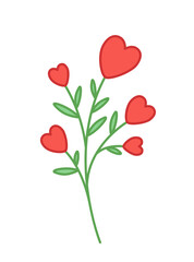 Flower with hearts. Branch of hearts and leaves. Cartoon, vector