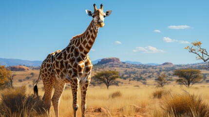Obraz premium Giraffe grazing on tall trees, vast open plains in the background, clear blue sky, showcasing the unique and graceful wildlife of the savannah, Photor