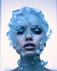 A surreal portrait of a woman adorned with crystal-like structures in a monochromatic blue tone, creating an ethereal ice queen aesthetic.