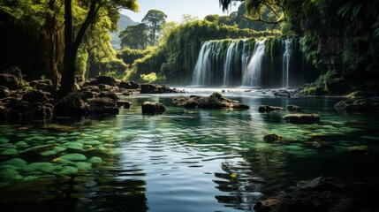 Fototapeta na wymiar Majestic waterfall cascading into a crystal-clear pool, lush greenery surrounding, mist rising, capturing the power and beauty of natural waterfalls,