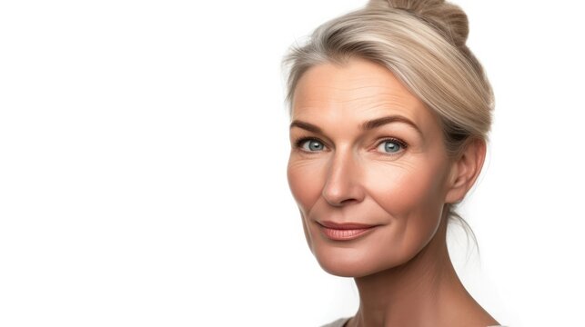 Portrait of a confident mature woman with a serene expression and flawless skin against a white background.