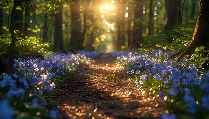 Obraz premium sun rays beaming through the forest. dreamy forest full of flowers during spring time. Flowers and nature blooming in spring