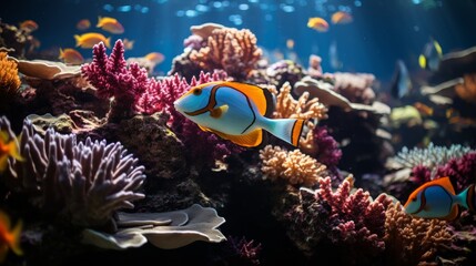 Fototapeta na wymiar Underwater view of a coral reef exhibit in an aquarium, colorful fish and corals, clear blue water, focusing on the conservation and display of marine