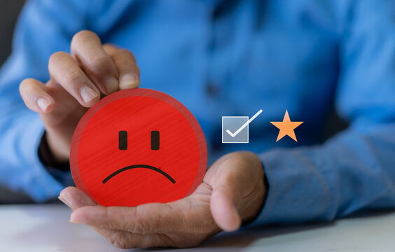 Customer Experience dissatisfied Concept, Unhappy Businessman Client with Sadness Emotion Face on smartphone screen, Bad review, bad service dislike bad quality, low rating, social media not good