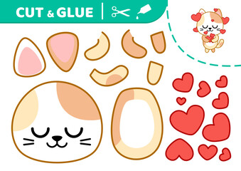 Cut and glue Kitten in love. Applique. Paper game. Vector