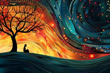 abstract background with a tree and a silhouette of a woman on the waves. Abstract mathematical background National Pi Day or π day
