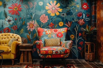 Bohemian style wallpaper, eclectic patterns and bold colors, artistic and free spirited