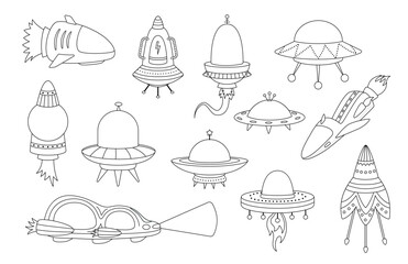 Set of UFO of alien, spaceships, flying saucer. Coloring page. Black and white flying saucer. Vector