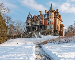 Victorian castle on a snowy hill