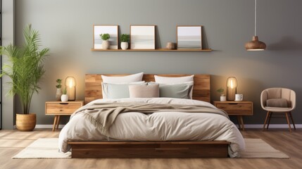 Fototapeta na wymiar Minimalist bedroom with a low bed, monochromatic bedding, and minimal decor, conveying the peaceful and uncluttered ambiance, Photorealistic, minimali