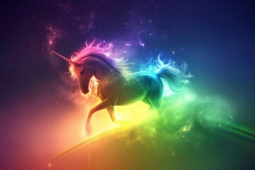 Obraz na płótnie Canvas A translucent unicorn dancing on a rainbow