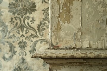Fototapeta na wymiar Old world beauty shines through the faded damask wallpaper, with peeling edges and timeless charm