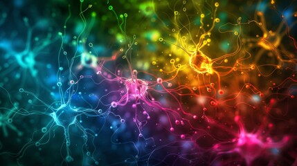 Detailed imagery of brain cells network in vibrant rainbow colors