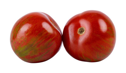 Red with green striped black zebra tomatoes, isolated cutout on a transparent background.