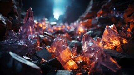 Giant crystal formations in a cavern, illuminated to reveal their clarity and structure, emphasizing the beauty and rarity of natural mineral wonders, - obrazy, fototapety, plakaty