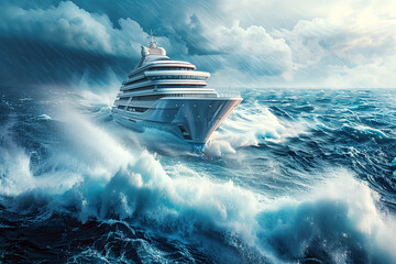 A huge Luxury Cruise ship sailing through a stormy ocean. The concept of marine insurance.