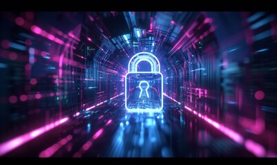 Locked data security concept. Abstract futuristic technology background. Glowing background with lock.