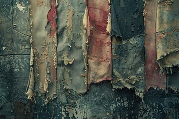 Fraying edges and patches give this grunge textile fabric a worn and textured appearance - obrazy, fototapety, plakaty