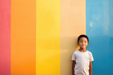 Boy standing near rainbow colored wall - obrazy, fototapety, plakaty
