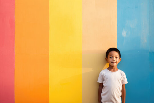 Boy standing near rainbow colored wall