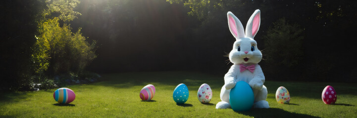 White rabbit sitting in grassy field with colorful easter eggs. Easter bunny holding egg in paws. Easter, Pascha or Resurrection Sunday, Christian festival and cultural holiday concept. Wide banner