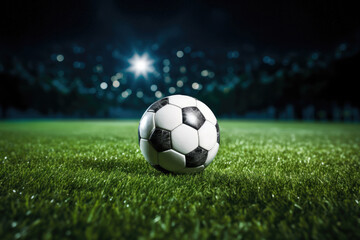Fototapeta premium Black and white soccer ball on green grass in the center of a stadium, illuminated by spotlights