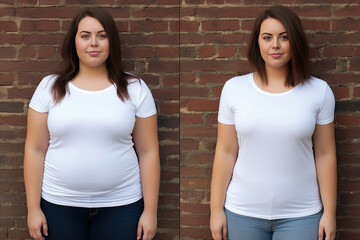 Woman posing before and after weight loss. Diet and healthy nutrition. - obrazy, fototapety, plakaty