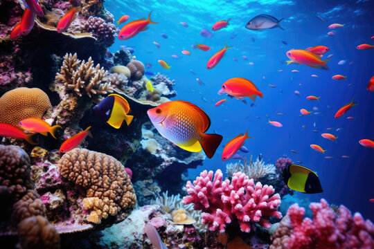 Underwater coral reef landscape in the deep blue ocean with colorful tropical fish and marine life