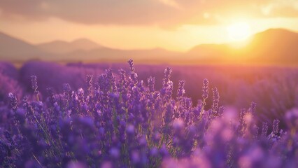 Obraz premium Lavender field blooms In the spring sunrise