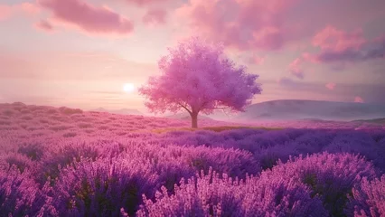 Poster Blooming Lavender garden with a tree in the middle and sunrise © PJang