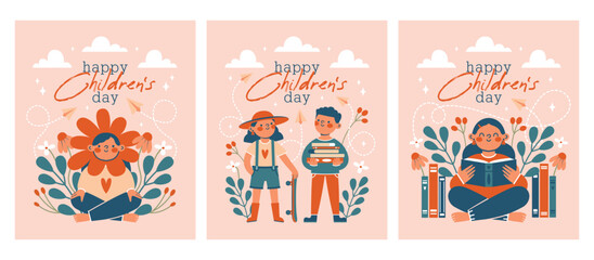 Set of card, banner, flyer template to World Children's Day. Cartoon cute illustrations with school boy, girl, skateboard, books, flower, plant, berries, leaves. Kawaii cheerful characters.Flat design