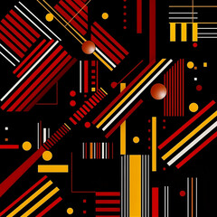 Background pattern of geometric lines and shapes on black background, in the style of red and yellow, abstraction-création, precisionist lines and shapes, flat shapes, 1:1.