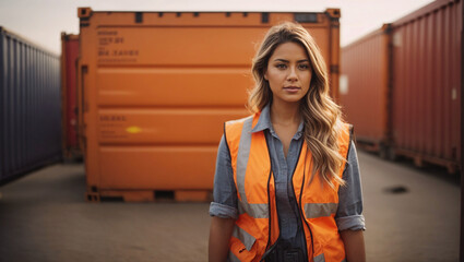 A female worker or female engineer works, looking at the camera. Behind is a shipping container. transportation industry concept.