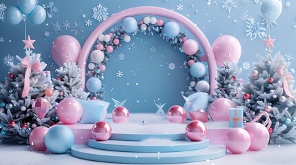 Christmas; winter podium for product display. Mockup; pastel theme