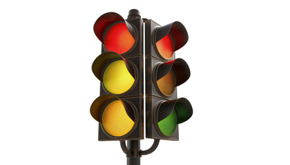 traffic light with green, yellow and red lights, isolated on white background