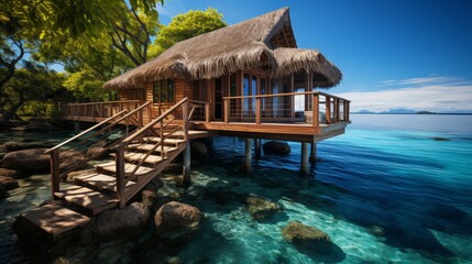 Overwater bungalow in a tropical lagoon, clear blue water, focus on the unique and luxurious accommodation style, symbolizing the dream of tropical li