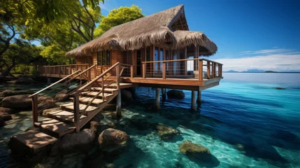 Fotobehang Overwater bungalow in a tropical lagoon, clear blue water, focus on the unique and luxurious accommodation style, symbolizing the dream of tropical li © ProVector