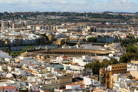 The Plaza de toros de la Real Maestranza de Caballer&Atilde;&shy;a de Sevilla aerial view in Spain.