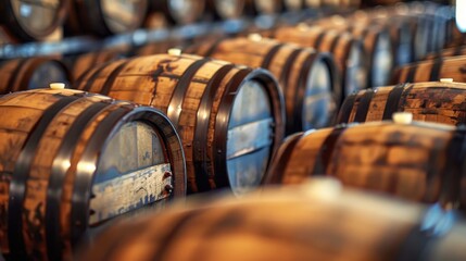 Whiskey bourbon scotch wine barrels in an aging facilit 
