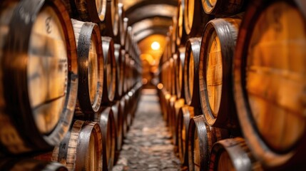 Whiskey bourbon scotch wine barrels in an aging facilit 
