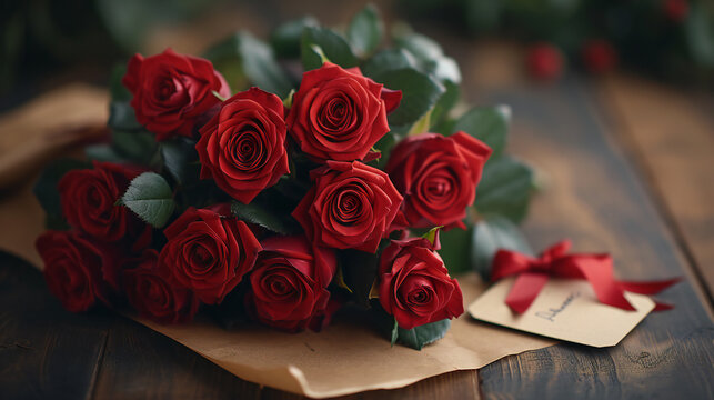 A romantic bouquet of red roses paired with a love note, symbolizing affection and love. This image is perfect for: valentine’s day, romance, love gifts, anniversary celebrations.