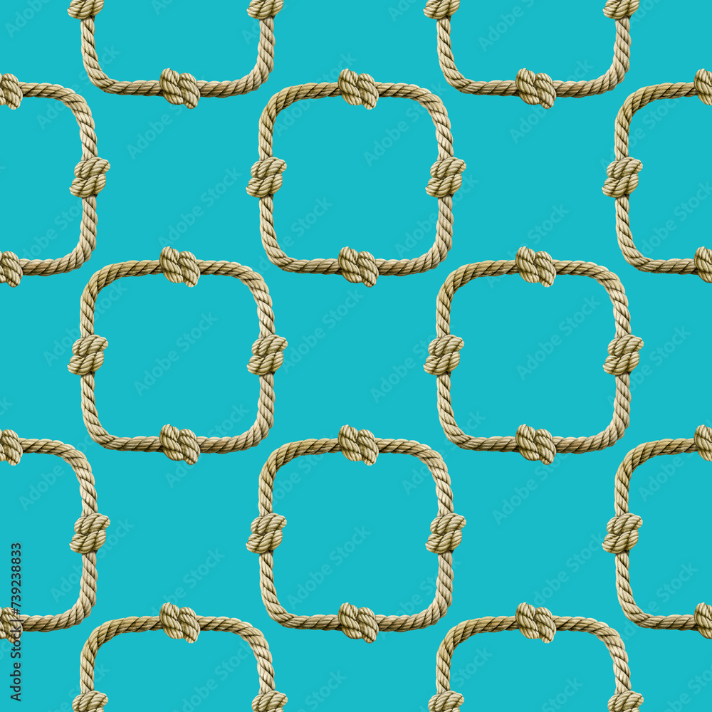 Wall mural Seamless pattern of watercolor Rope with knot square frame. Ropes, rounded borders, decorative of marine cable illustration. Nautical twisted knot logo on blue green background. Endless loop twisted - Wall murals