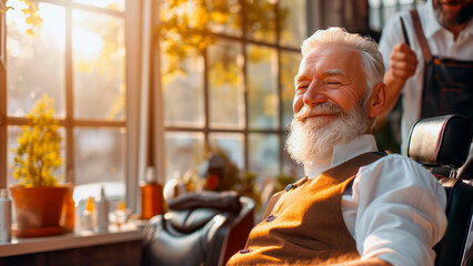  Elegant, cheerful, perky, fashionable man of 70 years old barbershop