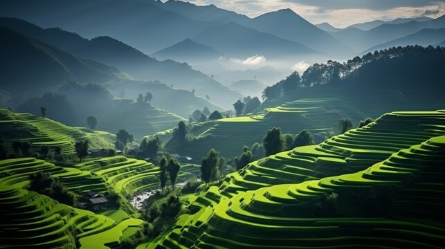 Serene landscape of a rice terrace in an exotic location, intricate patterns, lush greenery, symbolizing agricultural tradition, Photography, panorami