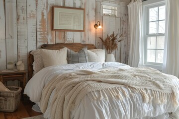 Wood textures and soft pastels make this rustic farmhouse wallpaper cozy and welcoming