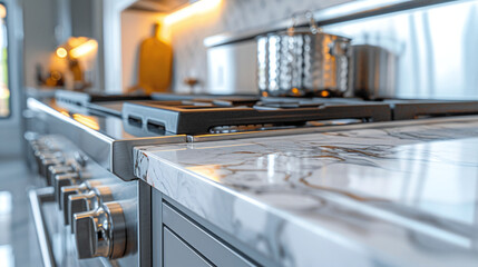 A stainless steel gas stove complements the modern kitchen interior. - obrazy, fototapety, plakaty
