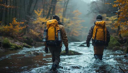 people in the first hiking with a floating river by their side. Melancholic hike through through the moody forest. Man and woman hiking in nature with moody lightning