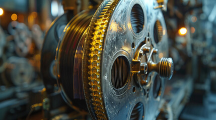 Vintage film reels, seen in close-up with cinematic bokeh, evoke nostalgia for the golden age of cinema.