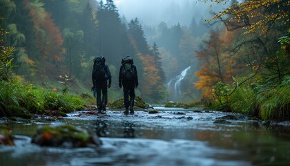 people in the first hiking with a floating river by their side. Melancholic hike through through the moody forest. Man and woman hiking in nature with moody lightning - obrazy, fototapety, plakaty