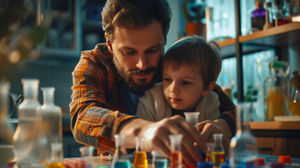 An endearing image of a single father helping his child with a science project, encouraging curiosity and exploration, single father, act of careness